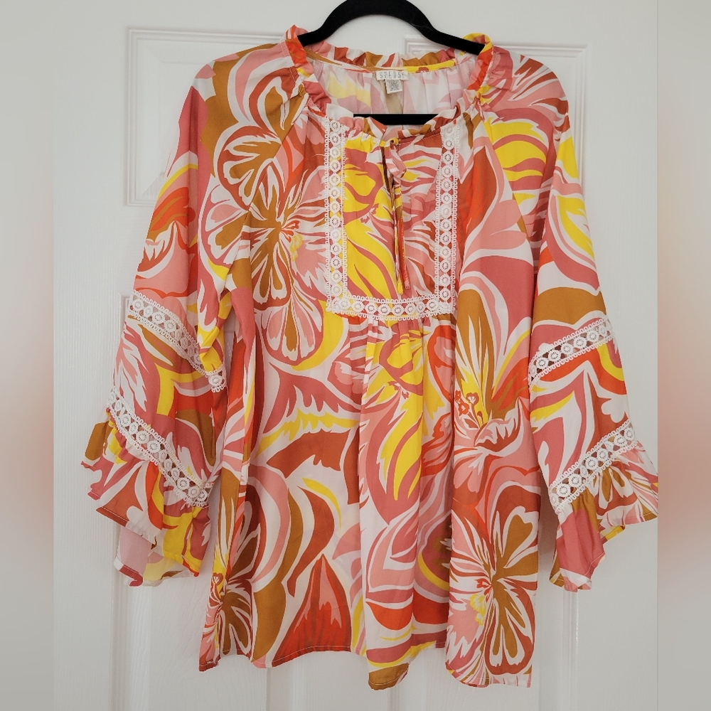 Spense Women's XL Vibrant Floral Blouse - Orange, Pink, Yellow, Brown
